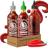 Pack degustación Flying Goose Salsas de chile Picante Sriracha Original 455 ml + Sriracha Black Out 455 ml + Siracha Smokey Ahumada 455 ml, Ideal para dipear, hamburguesas y otros, 3 botes de 455 ml