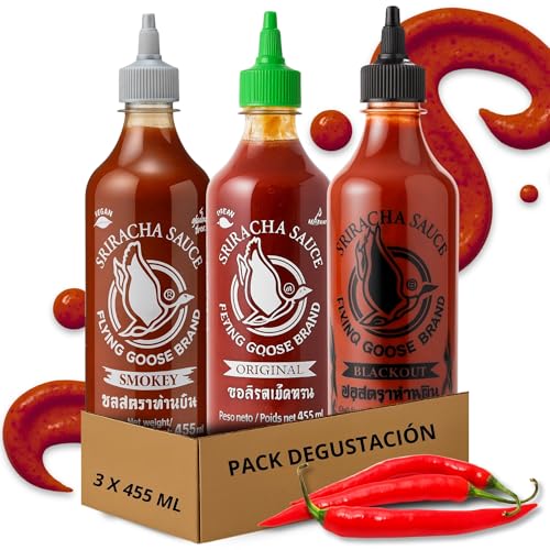Pack degustación Flying Goose Salsas de chile Picante Sriracha Original 455 ml + Sriracha Black Out 455 ml + Siracha Smokey Ahumada 455 ml, Ideal para dipear, hamburguesas y otros, 3 botes de 455 ml