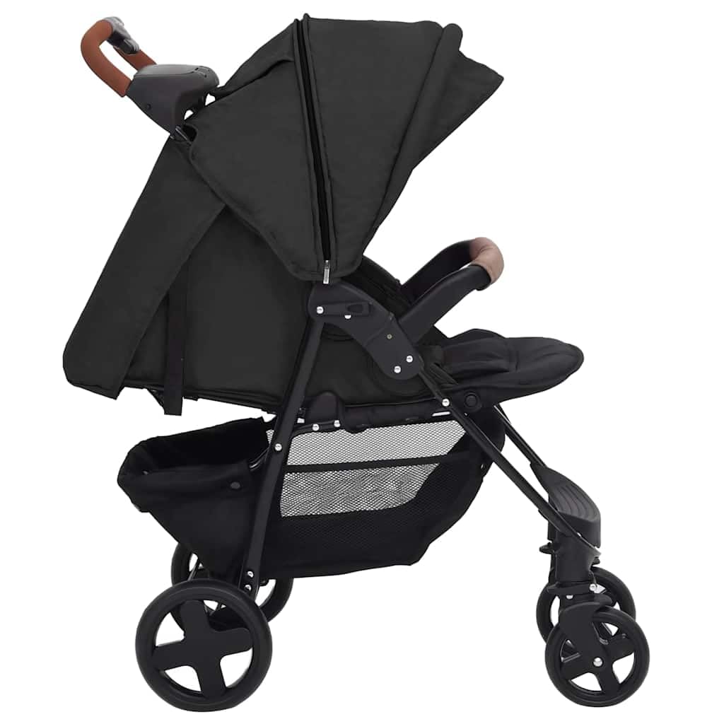 2-in-1 Kinderwagen Buggy Anthrazit Stahl mit Liegefunktion klappbar faltbar für Baby Kleinkind Neugeborenes mit Sonnendach und Regenschutz für Stadt Gelände Reise Urlaub