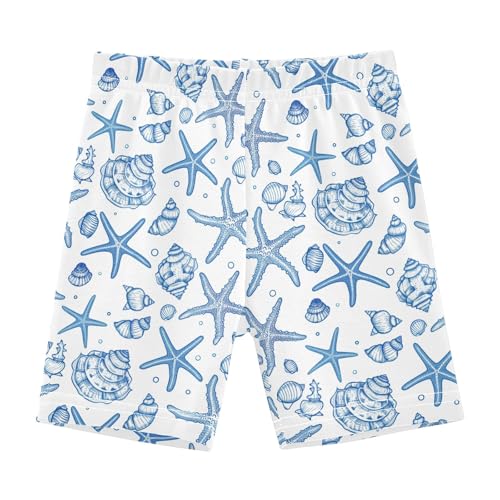 Blue Retro Sea Shells Girls Shorts Elastic Waist Sports Shorts Girls Leggings Pants for 4-10 Years