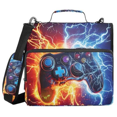 Image of Game Controller Fire Electric Spark Zipper Binder Bag 3 Ring Binder with Shoulder Strap Zip Up 500 Sheets Capacity Multi Pockets for School Office Supplies