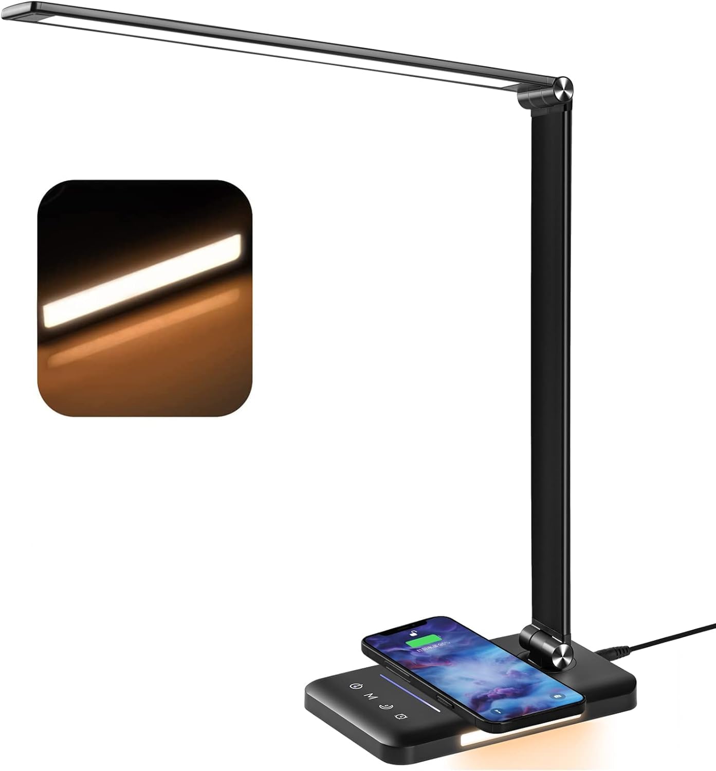 BIENSER Schreibtischlampe LED, 10W Wireless Charging & USB Ladefunktion, Bürolampe Tischlampe mit 10 Helligkeits X 5 Farbstufen Dimmbar, Memory Funktion, Sensible Kontrolle