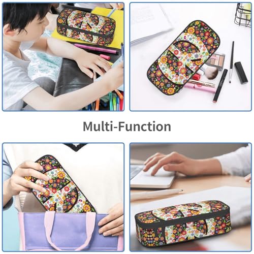 Image of Hippie Flower Peace Pencil Case Organizer Big Capacity Pencil Pouch Stationery With Zipper School Supplies Pencil Bag For Girls Boys Office