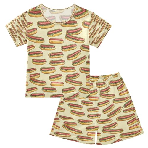 Pajama Sets Short Sleeve Hot Dog Pattern Soft Cotton Summer Sleepwear 2 Piece PJS Size 5-14T