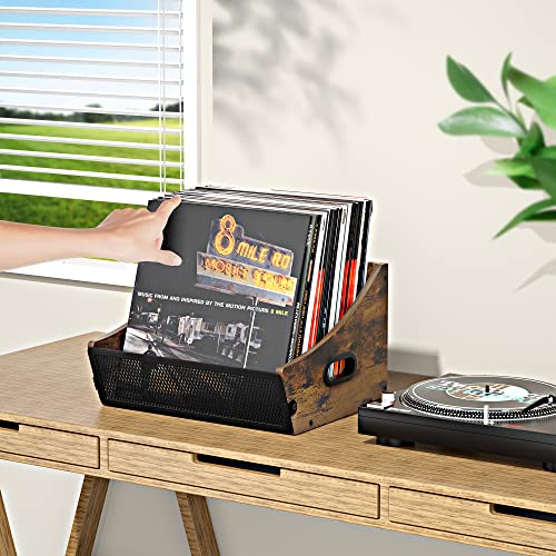 Buzifu Vinyl Record Storage, Vinyl Record Holder Crate Box Case, Metal & Wood Vinyl Storage Organizer, Record Holder For Albums Lp Records With Handles, Holds Up To 80 Records, Easy To Assemble #TOP1