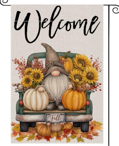 Welcome Fall Thanksgiving Garden Flag Gnome Small Flags for Outside, 12x18 Inch Truck Sunflower Pumpkin Maple Leaves Double Sided Burlap Autumn Harvest Outdoor Yard Decoration