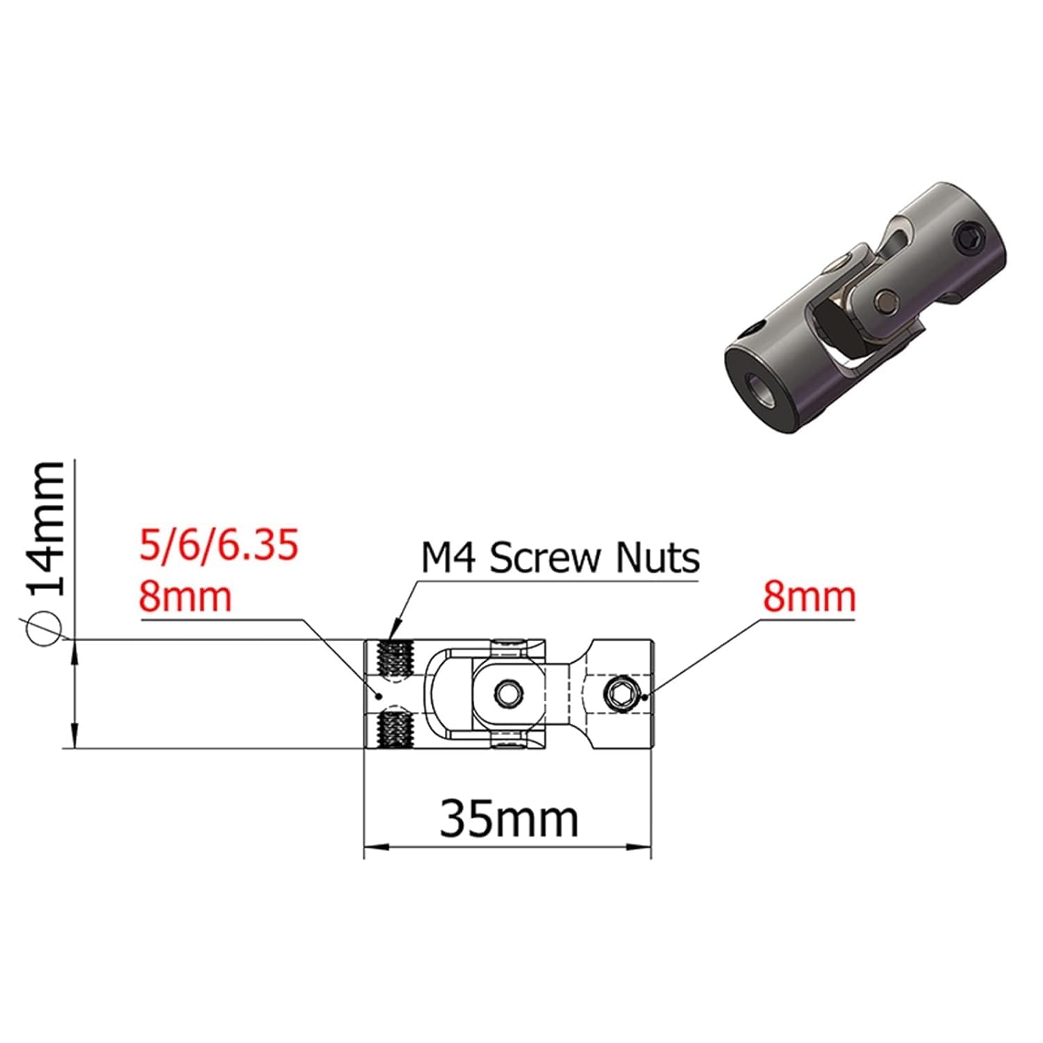 Wellenkupplung, Universalgelenk-Minikupplung, 14 mm Durchmesser, 35 Länge, vernickeltes Eisen, mehrere Größen(6mm to 8mm)
