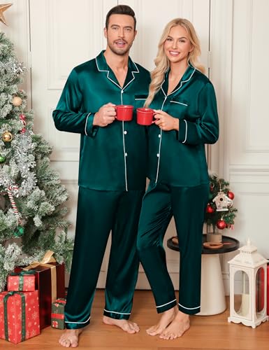 LecGee Couples Matching Pajamas Set Button Down Sleepwear Long Sleeve Loungewear Silky Satin 2 Piece Pjs3