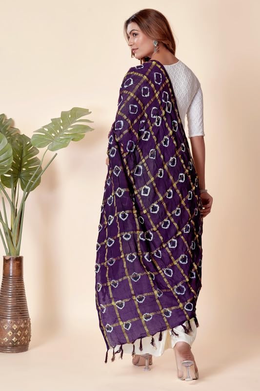 Image of Women Bandhani Dupatta | Traditional Chunri Print with Decorative Border | Lightweight Ethnic Stole for Festive and Wedding Wear