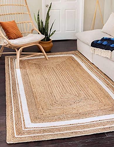 Image of Jute Braided Natural Hand Woven & Reversible Rug for Living Room Kitchen Entryway, Farmhouse Rustic Burlap Carpet Floor Mat (Wdesign, 5X8-feet)