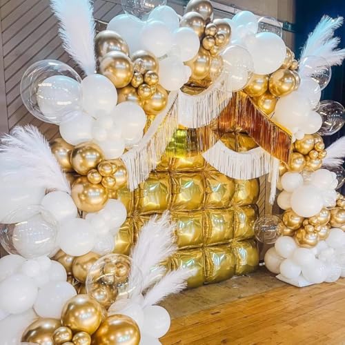 Image of 36pcs White and Gold Square Foil Balloons Wall Backdrop with 147pcs Balloon Garland Arch Kit, Double Sided Balloons for Wedding Engagements Birthday Bridal Shower Anniversary Party Decorations