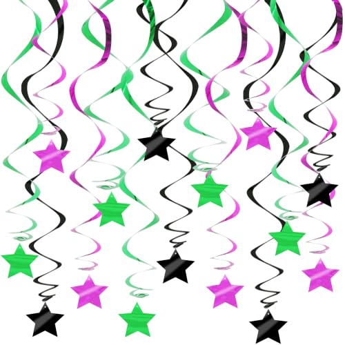Image of BEISHID Purple Green Black Stars Hanging Swirls Pre-Strung Stars Hanging Decorations for Halloween Monster Truck Birthday Party Baby Shower Decorations Supplies,Pack of 15