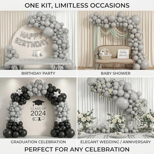 Image of Gray Balloons, 114pcs Different Sizes Matte Grey Balloon Arch Kit, 18 /12 /10 /5Inch for Birthday, Baby Shower, Anniversary, Graduation, Wedding, Party Decorations
