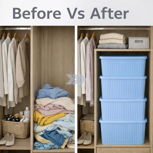Image of Plastic Storage Box with Lid - Large Stackable Organizer Storage Box for Clothes, Toys, Kitchen - Big Size Plastic Storage Container Basket for Home, Office, Bathroom(Large,Pack of 3,Blue)