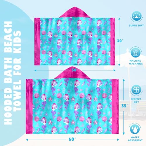 Image of Mermaid Girls Beach Towel with Hoodie for Kids Toddlers Age 4-8, Pink Blue Bath Towels Shower Wrap for Girls, Hooded Poncho Beach Blanket for Pool Swimming Cute Wearable Bath Towel for Child