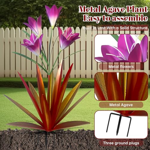 Image of TOMBABY 32.28 Inch Metal Agave Plant Outdoor Decoration Lily Mexican Yard Art Garden Gift Home Decor Hand Painted Metal Agave Garden Yard Statue (2pc, Red)