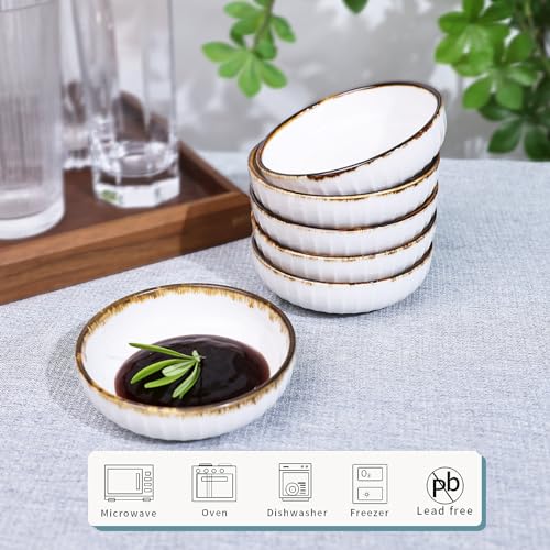 HAOTOP Porcelain Side Dishes Set of 6, Appetizer, Sauce, Ramekin, Round Seasoning Bowl for Dinner Party BBQ 3.8 Inch (Brown/White)