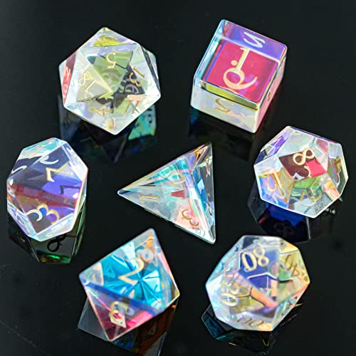 Black Friday - 60% OFF UDIXI Natural Gemstone Dice Set, 7PCS Gem DND Dice for Dungeons and Dragons, Handmade Glass Dice for MTG Table Games (Prism Glass)