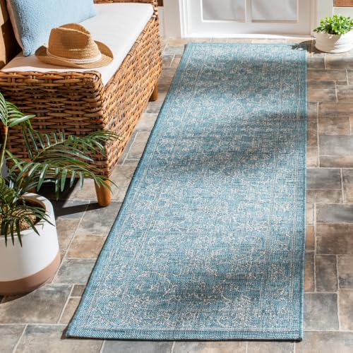SAFAVIEH Washable Rug Outdoor Courtyard Collection - 2'3" x 8' Runner, Aqua Blue & Grey, Non-Shedding & Easy Cleaning, Ideal for Patio, Entryway, Mudroom, Hallway, Kitchen (CY8680-37121)