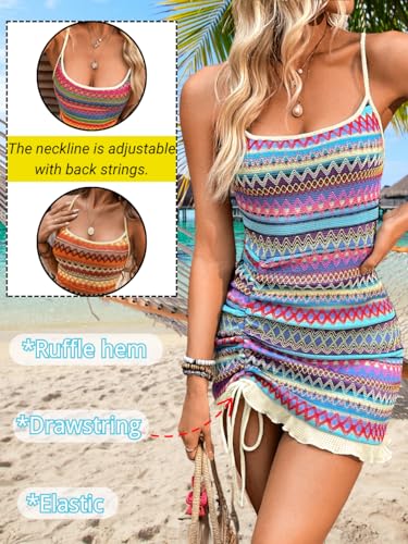 Boho Crochet Striped Swimsuit Coverup, Square Neck Low-Back Bodycon, Drawstring Ruffle Mini Dresses for Women4