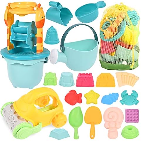 GOLDGE Sandspielzeug Set, 29Pcs Bunte Strandspielzeug Sandspielzeug Set mit Auto Eimer Schlossformen Netztasche Wasserspielzeug für Jungen Mädchen Cover