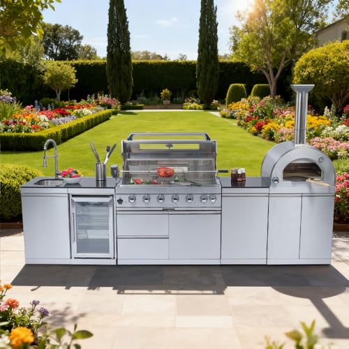 RENDGO 128-Inch 120000- BTU Stainless Steel Propane Gas BBQ Grill Modular Outdoor Kitchen Island,485Sq.In Cooking Area,Pizza oven,Wine Cooler,Refrigerator,Rotisserie,Storage Cabinets & Drawers,Silver
