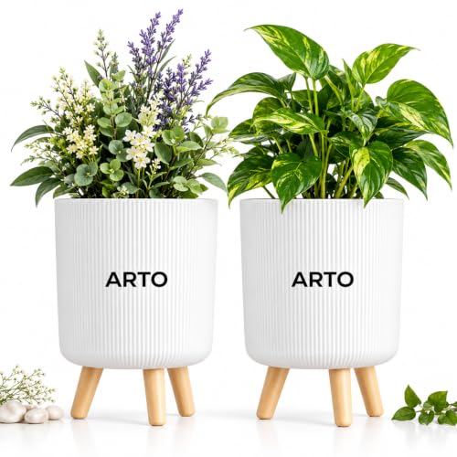 Image of Arto Ribbed Planter Pot Set with Wooden Legs - White Indoor Plant Stand | Set of 2 Modern Mid‑Century Planter Pots for Home Decor | Elevated Plant Stands for Living Room, Balcony