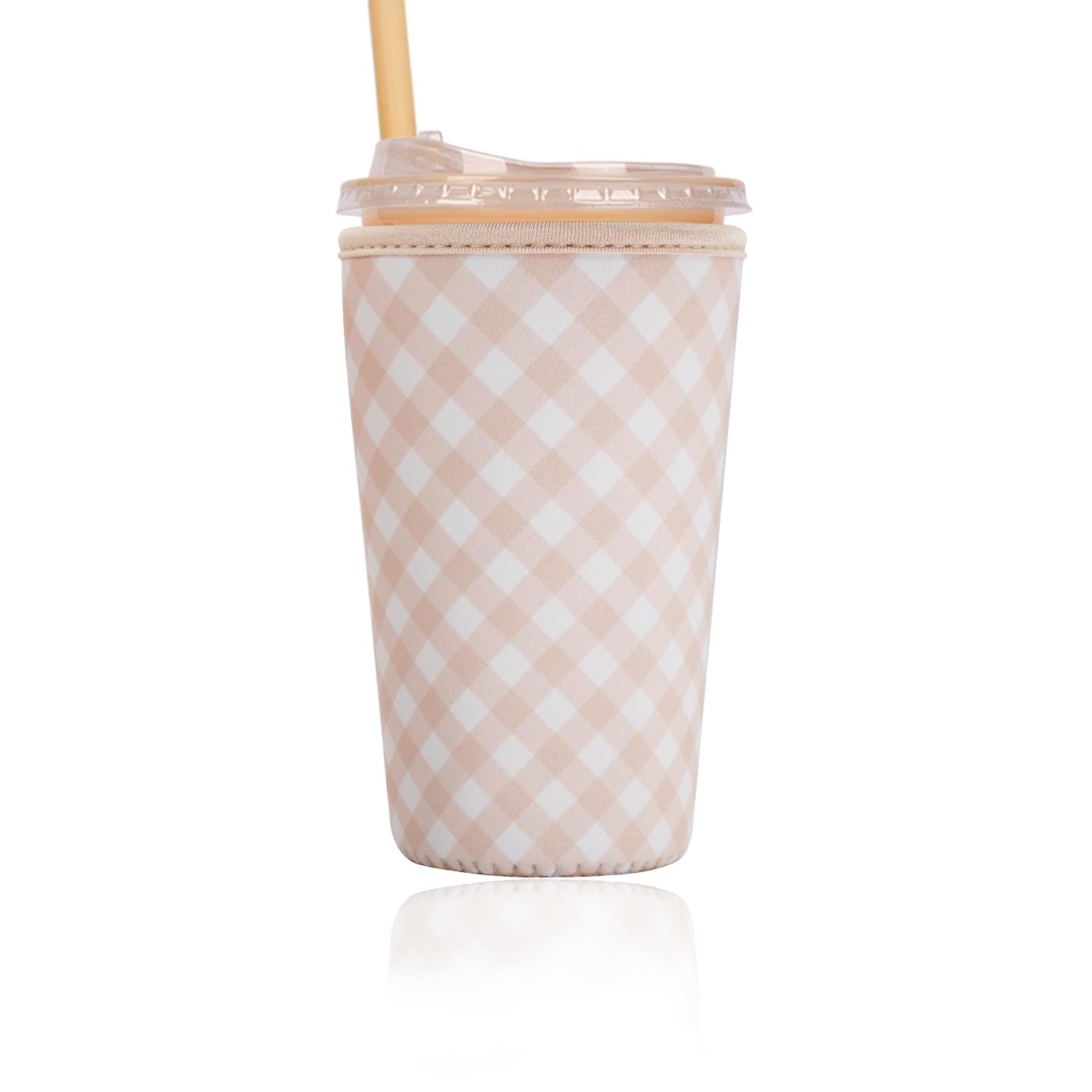 Reusable Insulated Sleeve for Iced Coffee Cup, Coffee Neoprene Sleeve for Cold &amp; Hot Drinks, Beverage Holder for Iced Coffee (Cream Gingham, Large: 32oz)