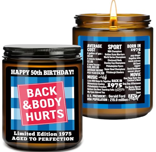 50th Birthday Gifts for Women Men, Happy 50th Gift for Her Him, 50 Years Old Birthday Scented Candles for Women Turning 50, Back and Body Hurts Candle for Limited Edition 1975