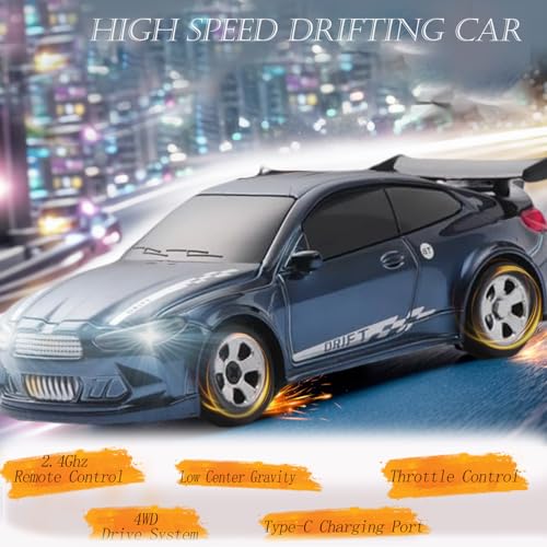 Image of RC Drift Car, 1 /64 Mini RC Remote Control Car, 2.4GHz Full Proportional RTR High Speed Micro Sports Racing Drift, 4WD HobbyFast Race Vehicle with Lights, Model Toys Gift for Kids, Boys, Adults