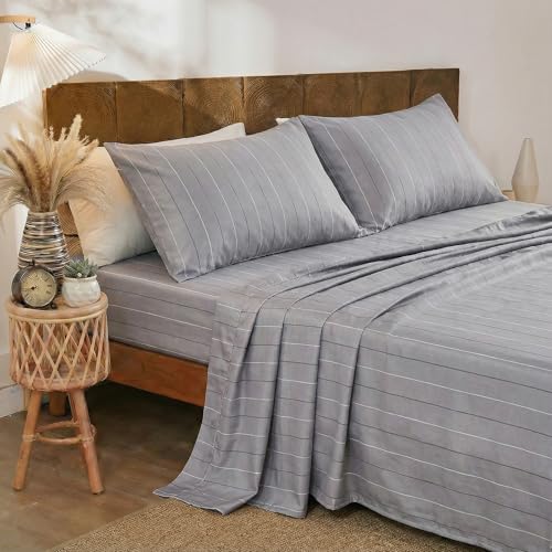 Image of Merryword Gray Pinstripe Sheet Set Queen Size - 100% Cotton Striped Bedding 4 Pieces, Soft Breathable Percale Weave, 17.5 inch Deep Pocket, Luxury Linen Like, All Season Comfort