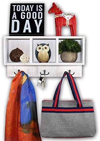 Spiretro Wall Mount Entryway Small 3 Cubby Floating Shelf, Ornament Home Decorative Display Storage Organizer, Coat Rack Key Hat Scarf Leash Holder, Rustic Reclaimed Wood Metal Hooks Whitewash Finish