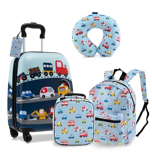 GOPLUS Valise Enfant 5 Pièces, Bagage à Main Rigide de 38cm, Sac à Dos de 33cm, Oreiller Cervical, Sac à Déjeuner Isolé, 3 Hauteur Réglable, Bagage à...
