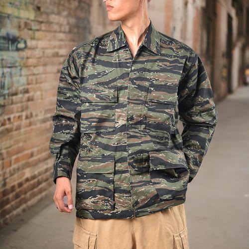 BACKBONE Mens Army Military Battle Dress Uniform BDU Shirt Camo Top Jacket (Tiger Stripe Camo,Size S)