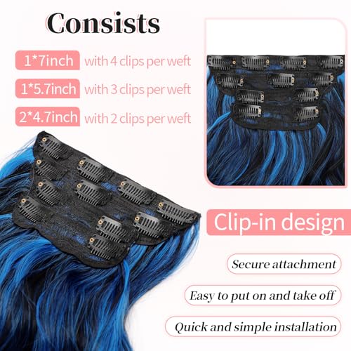 Image of Wavy Thick Clip in Hair Extensions 24 inch Blue - Black Streak | 4 Pieces Clip in Extensions,Fiber Double Weft Hairpieces,Natural Volume,Beach Wave Long Synthetic Hairpieces for Women