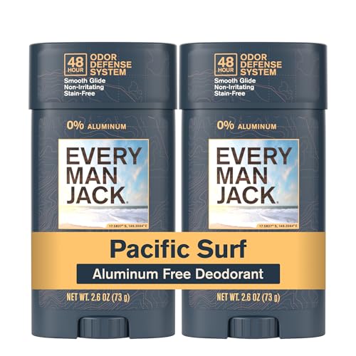 Every Man Jack Mens Deodorant - 48-Hour Odor Defense Blend - Aluminum Free - Contains Postbiotics Tapioca Starch & Oat Powder - Pacific Surf Scent - 2.6 oz (2 Pack)