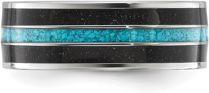 Stainless Steel Polished with Turquoise and Black Star Sandstone Inlay 8 mm Band Size 8 to 13 - Image 3