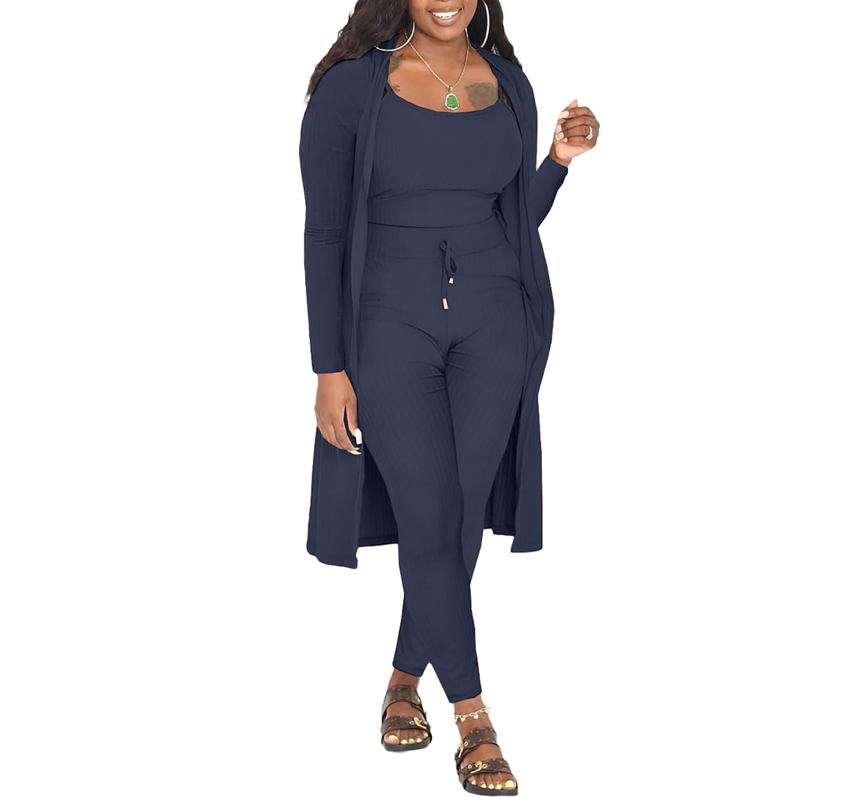 Vssjavun Conjunto de 3 piezas para mujer, acanalado, sin mangas, cárdigan largo, ombliguera, camiseta sin mangas, pantalones cortos, conjunto de sudadera, Azul04, S