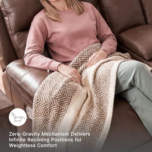 Image of Ashley VonRyan Power Reclining Loveseat with Console, Top Grain Leather Seating, Fully Assembled, Ideal for Living Room, Tobacco Brown, 81 inch W