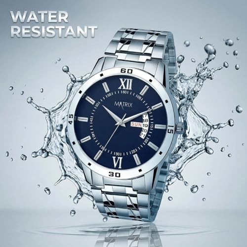 Matrix Antique Day & Date Leather Strap Analog Watch for Men & Boys (Blue - Silver) - Image 7