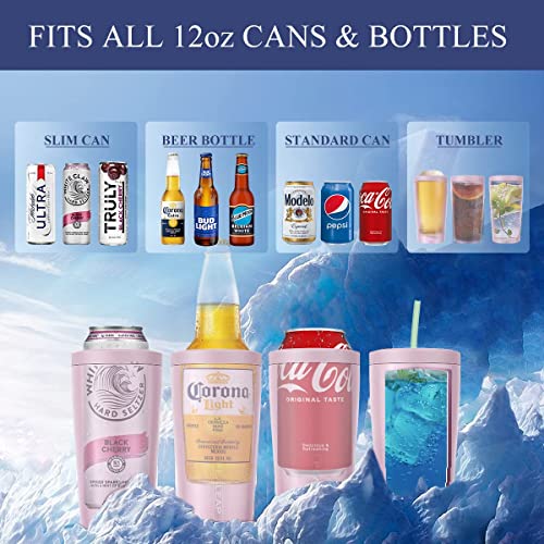 4 In 1 Insulated Slim Can Cooler For 12 Oz Cans And Beer Bottle - Keep 8 Hours Cold, Easy To Hold - Stainless Steel Can Holder, Double Walled Can Insulator For Hard Seltzer And More (Blush) #TOP1
