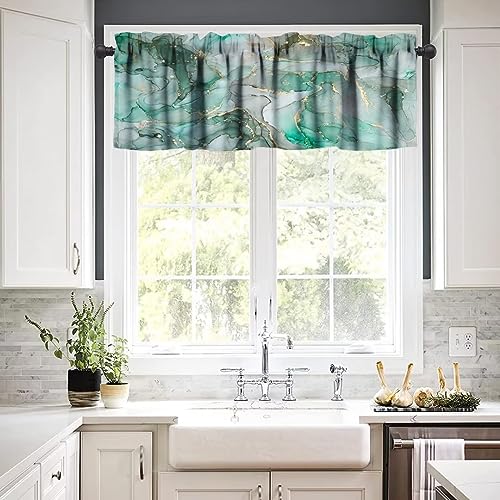 Image of Green Marble Window Valance Curtain, Grey White Abstract Modern Luxury Ink Texture Gold Veins Unique Ombre Window Valances Treatments for Kitchen Living Room Cafe Decor 54'x18', 1 Panel