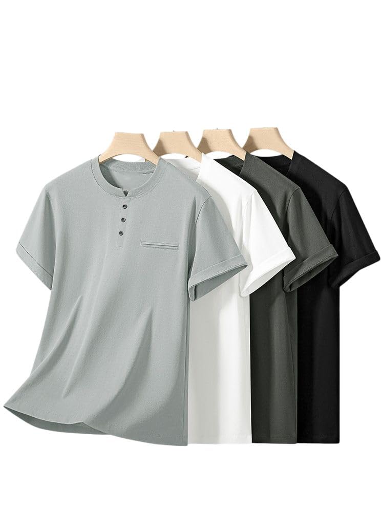 Męska patchworkowa bawełniana koszulka z krótkim rękawem Henley luźny krój do streetwear stroje podróżne na co dzień