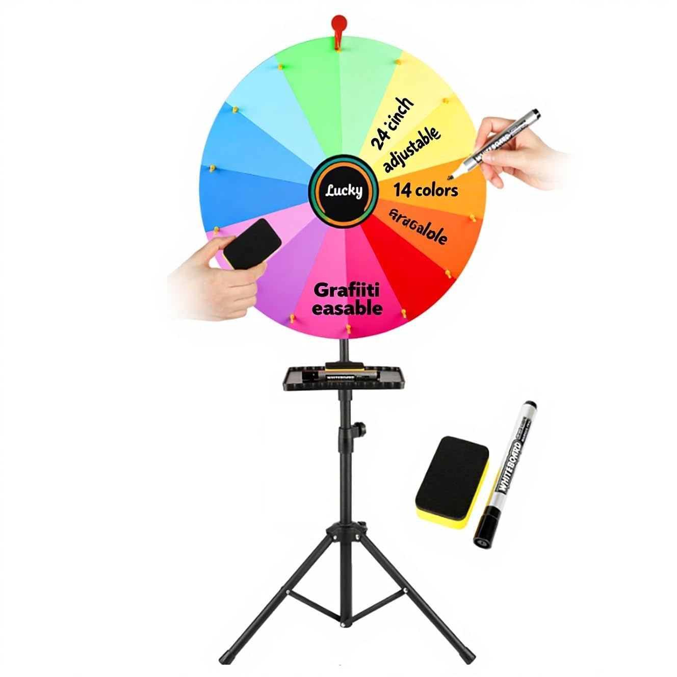 61 cm drehendes Preisrad,14 Farben, drehbares Kritzelspiel mit löschbarem Marker,verstellbar von 94 cm - 165cm, auf dem Boden stehend,verstaubares Glücksrad mit Ablage