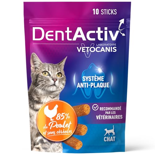 Vetocanis - Dentactiv - Stick Dentaire - Friandises pour Chat Gourmandes - Hygiène et Santé du Chat - Riche en Viande - 85% de Poulet - Système Anti-Plaque