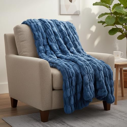 Image of Lavish Home Oversized Ruched Faux Fur Blanket - 60x80-Inch Plush Polyester Faux Fur Queen-Size Throw for Sofas and Beds - Luxurious Bedding (Blue)