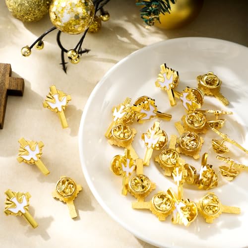 Image of Misdary 24 /48 Pcs Holy Spirit Pins Gold Cross Lapel Pins Bulk Holy Spirit Dove Enamel Brooch Christian Catholic Gifts