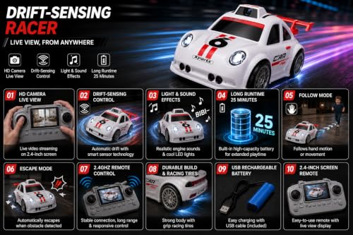 Skaleups RC Camera Black Car for Kids | HD Camera with Live-View Screen on Remote, 2.4GHz, Drift Mode, LED Lights, Rechargeable - Image 7
