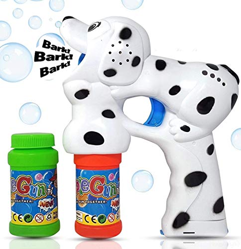 Haktoys Dalmatian Dog Bubble Gun Shooter Light Up Blower | Puppy Bubble Blaster for Kids, Parties, Etc. | with LED Flashing Lights, Extra Refill Bottle, Music & Barking Sound (Batteries Included)