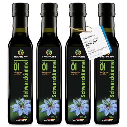 Kräuterland Schwarzkümmelöl 4X250ml (1000ml), ungefiltert, Omega 3-6-9, naturrein ohne Zusatzstoffe, hoher Thymoquinine, vegan, mild, kaltgepresst, mühlenfrisch aus unsrer hessischen Ölmühle